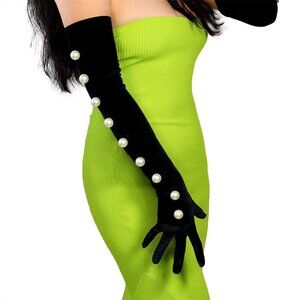 Women's Elegant Pearls Velvet Long Gloves Stretch Super Comfort Party Prom